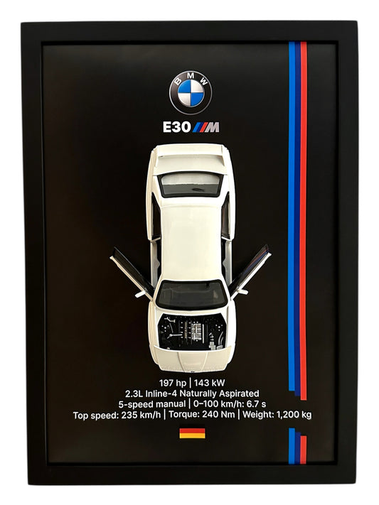 BMW E30 M3 Frame – Black Background with M3 Stripes